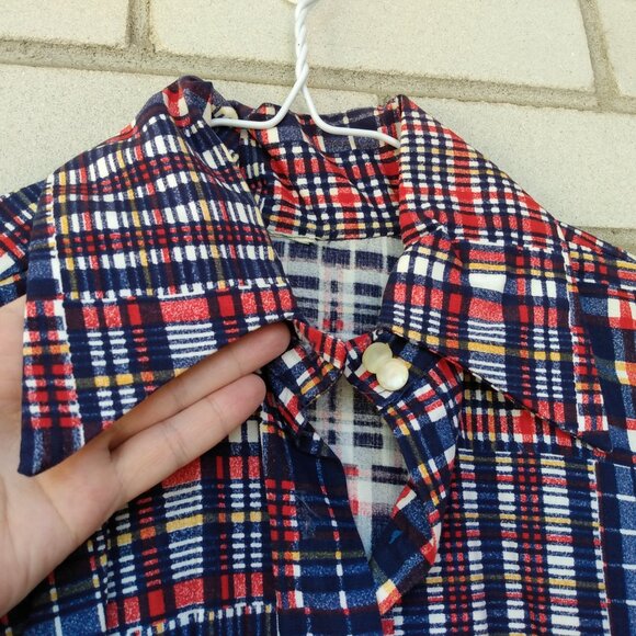 Vintage 60s 70s Plaid Patchwork Shirt 43"B Butterfly Collar Moonglow Buttons - Picture 5 of 12